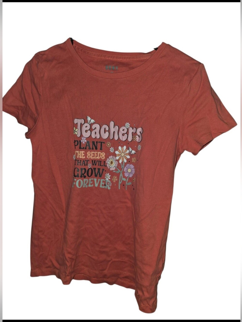 8/6/48. Womens DKNY Rust Graphic 'Teachers' Short Sleeve Tee